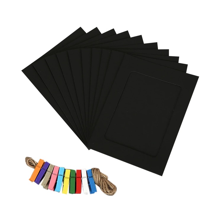 Set 10 rame foto din hartie colorate cu clipsuri si sfoara, dimensiune 6.3x8.5cm, multicolor