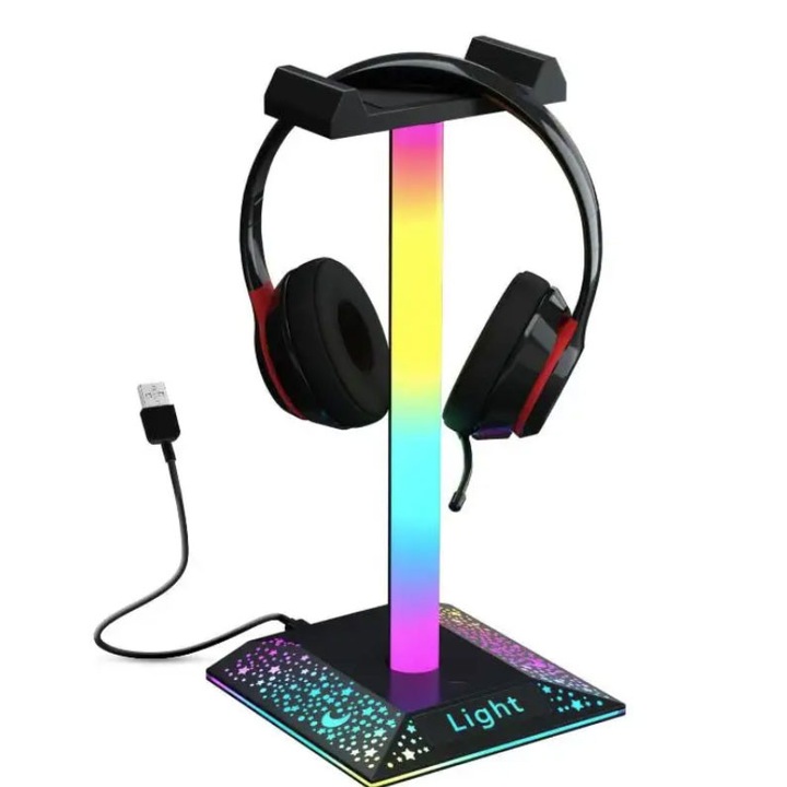 Suport Casti Gaming, Iluminare RGB, 10 Moduri De Iluminare, Schimbarea Nuantelor Prin Senzor Tactil, Negru, Design Ergonomic