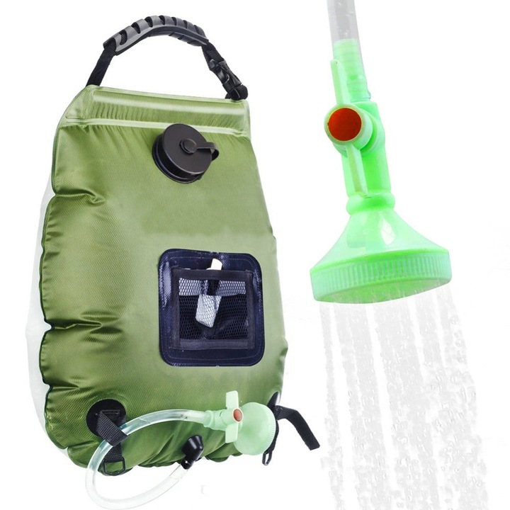 Geanta de dus pentru camping, portabila, cu termometru, absorbtie de caldura solara, 20L, verde