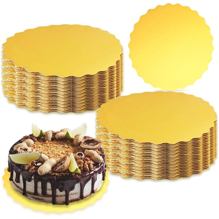 Set de 30 de Suporturi Aurii pentru Tort de 20 cm (8 inch) pentru Ziua Indragostitilor, Rotunde, Margine Festonata, Baza de Tort de Unica Folosinta din Carton Rezistent la Grasime, Potrivit pentru Decorarea Nuntilor si Aniversarilor