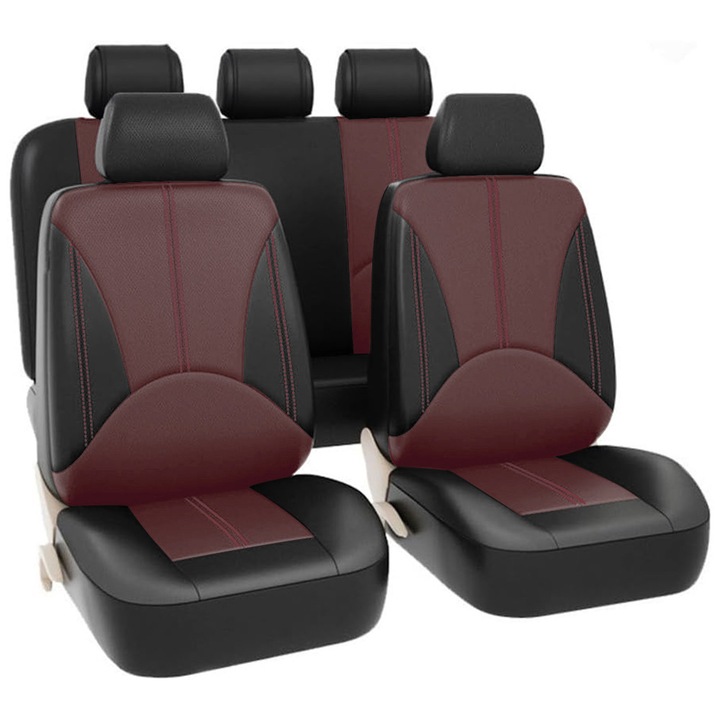 Set complet huse auto, Autocise, piele artificiala, impermeabila, negru/rosu inchis
