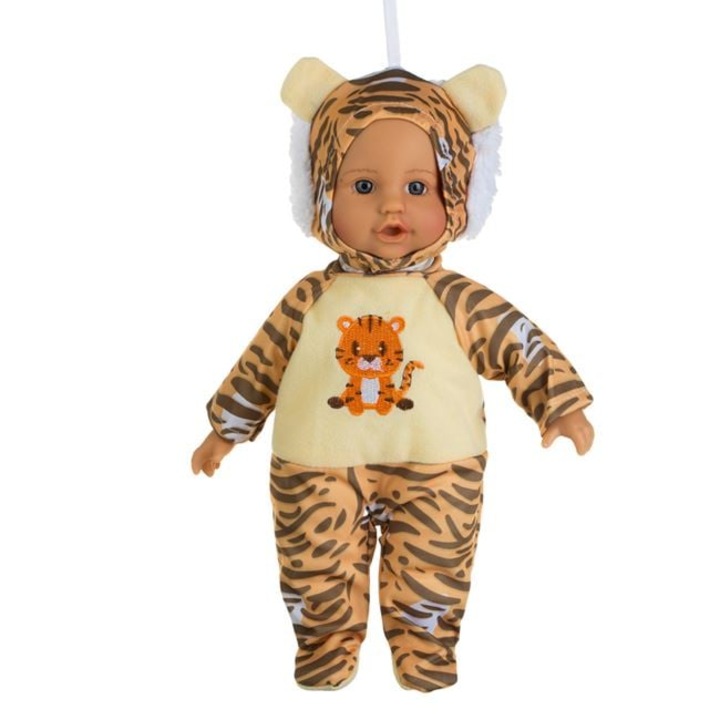 Papusa bebelus, AVA, imbracata in tigru, moale, 34cm