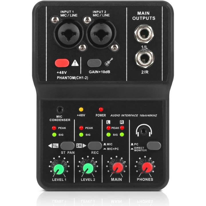 Mixer Audio cu 2 Canale Tioialz®: Console de Mixaj de Sunet Compacta cu Placa de Sunet USB si Alimentare 48V, pentru Inregistrare pe PC, Inregistrare Muzicala, Karaoke Acasa si Karaoke pe Internet