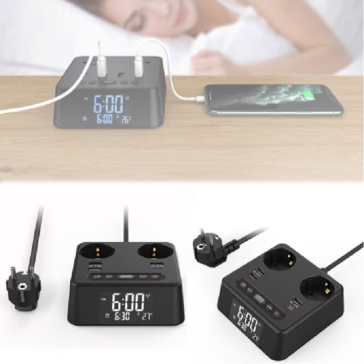 Удължител 2500W, 2 ел. контакта, 4 USB с тип C, часовник, аларма, функция за показване на температура 1,5 м, черен