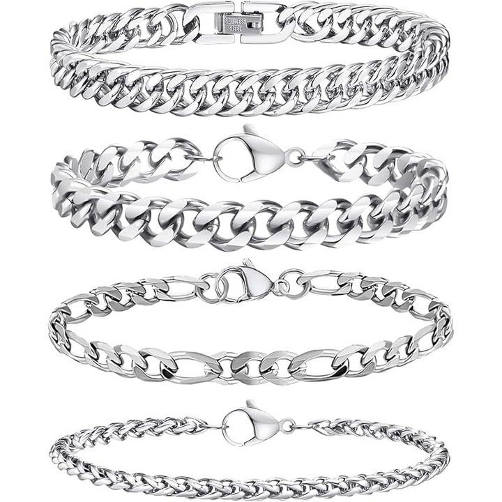 Set 4 bratara cuban chain, fashion, perfection, otel inoxidabil, Argintiu, Accesorii bratari Inox