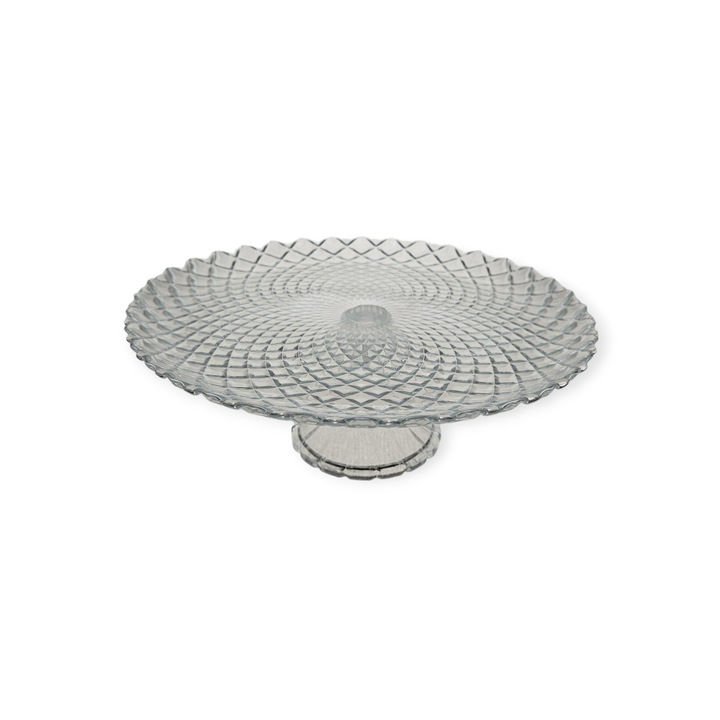 fructiera oriental din sticla transparenta, cu model, cu picior, 26 cm