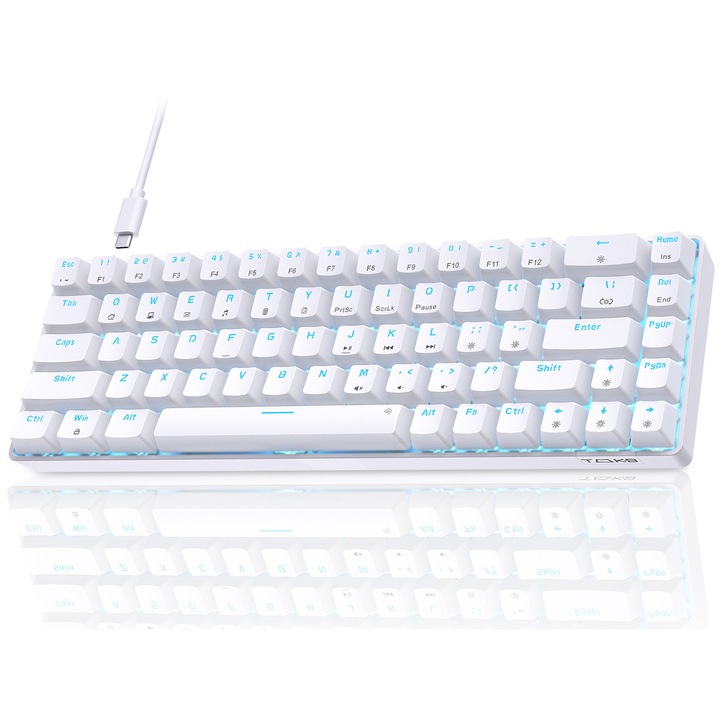 Tastatura mecanica gaming Dierya DK68se, 68 taste, 60% compacta, comutator rosu liniar, iluminare LED albastra, anti-ghosting, alb