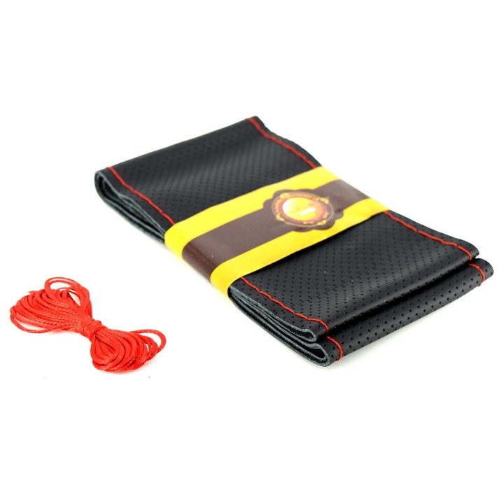 Husa volan cu ac si ata din pielele - negru cu cusatura rosie