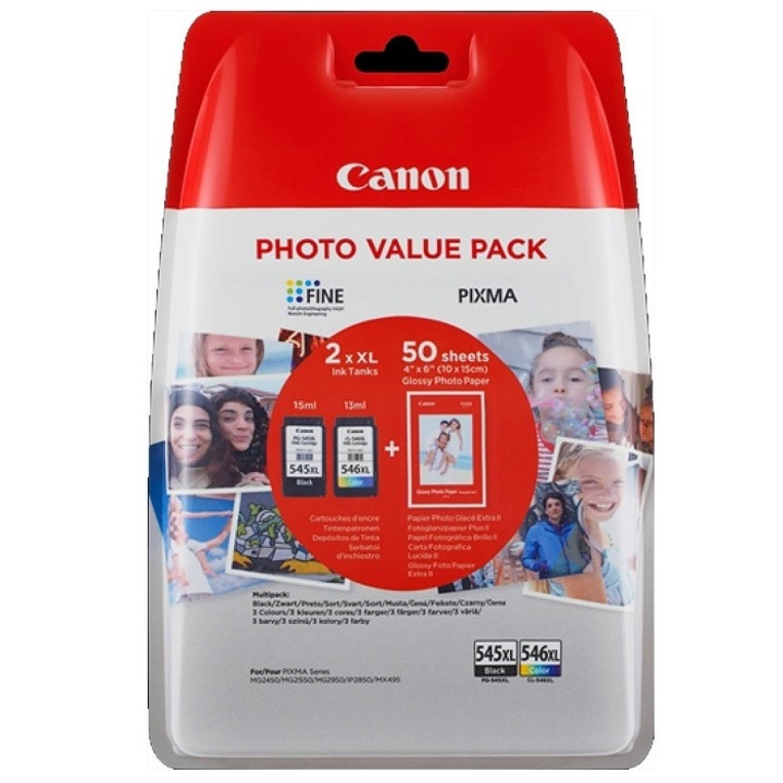 Canon PG545XL + CL546XL PGI 545XL tintapatronok, 2 db, eredeti + 50 lap Canon fotópapír, fényes, eredeti, 10x15cm + 2 db DURACELL AAA elem