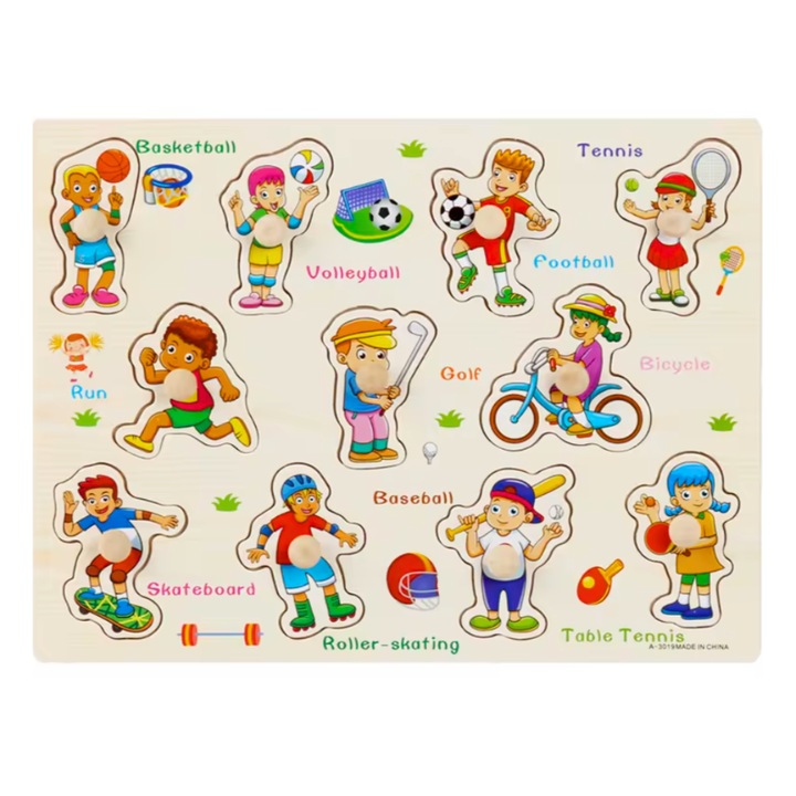 Fa kirakó gombokkal, Sport tevékenységek, 11 db, 30x22,5 cm, 1 év +