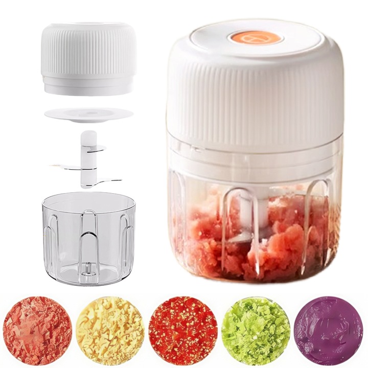 Mini tocator electric portabil, cu textura in dungi, potrivit pentru usturoi, legume, fructe, nuci, alimente pasate, 250ml, incarcare Type-C, alb