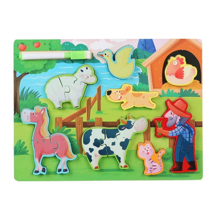 Fából készült puzzle gyerekeknek megfordítható markerrel 3D Farm 7 db