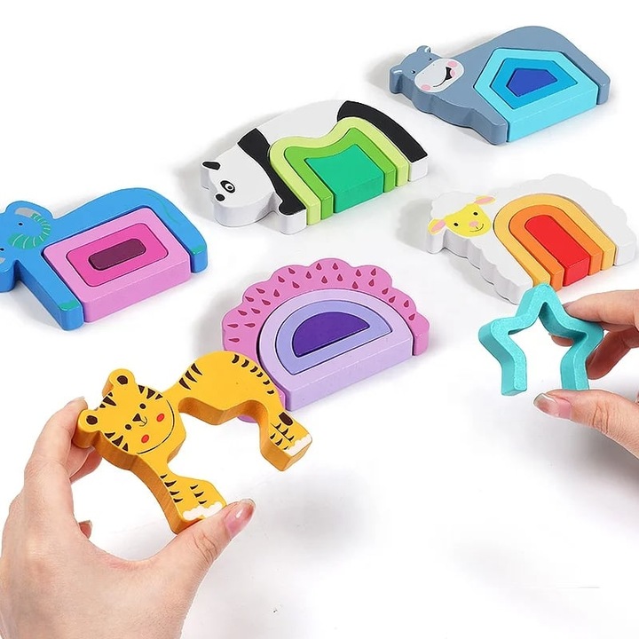 3D fa puzzle állatok és szivárvány rétegekben 6 darab