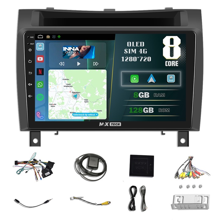 Navigatie Mercedes Benz SLK ( 2006 - 2011 ) dedicata Android si Carplay, MaxTech®, ecran de 9'' QLED, 8 GB RAM 128 GB ROM, DSP, EQ, RDS, functii Sim 4G, GPS, WIFI, Bluetooth, Waze