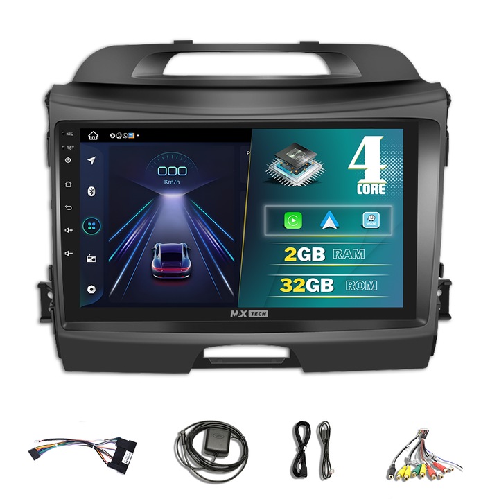 Navigatie Kia Sportage ( 2010 - 2016 ) dedicata Android 13 si Carplay, MaxTech®, ecran de 9 inch IPS, 2 GB Ram 32 Rom, Youtube, functii GPS, WIFI, Radio, RDS, EQ, DSP, Bluetooth, Youtube, Waze