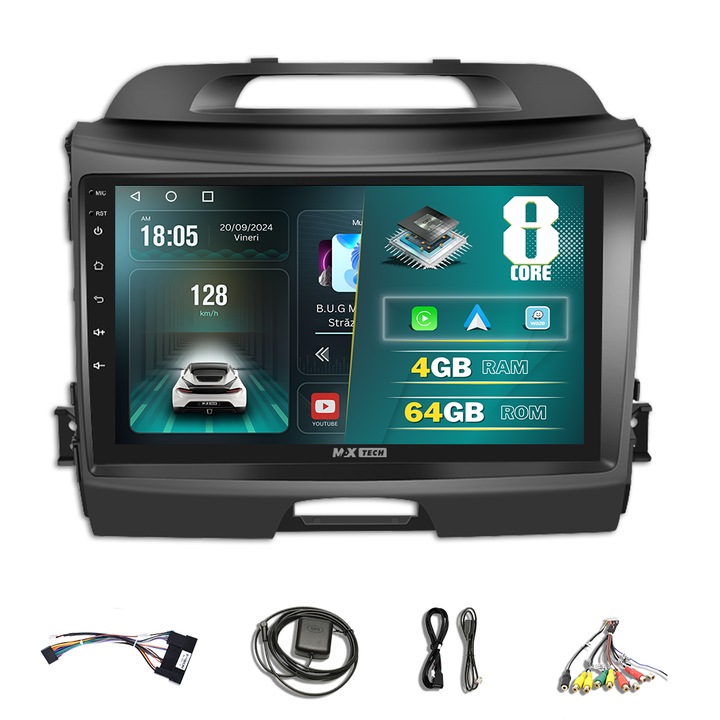 Kia Sportage (2010 - 2016) dedikált navigáció Android 13 és Carplay rendszerhez, MaxTech®, 9 hüvelykes IPS képernyő, 4 GB Ram 64 GB Rom, Youtube, GPS, WIFI, rádió, RDS, EQ, DSP, Bluetooth, Waze funkciók