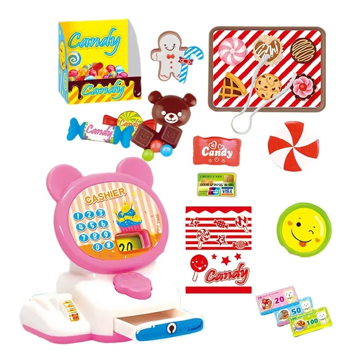 Set de joaca Candy Store cu modele realiste de bomboane, casa de marcat interactiva si accesorii, multicolor