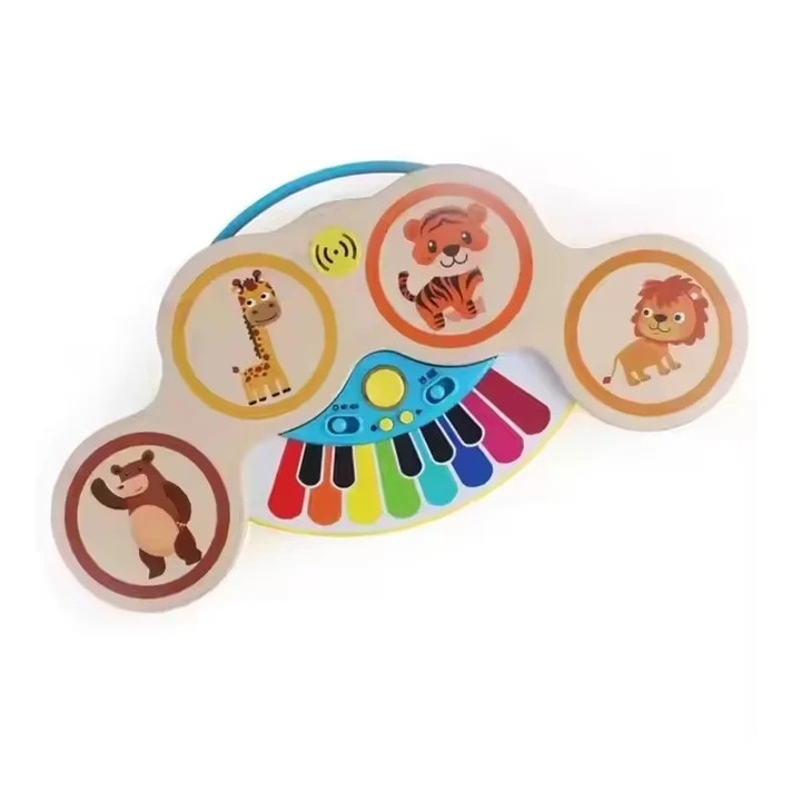 Pian si tobe din lemn, pentru copii 1 an+, 2 in 1, Magic Touch, cu sunete si lumini, 22.5 x 13 x 2.5 cm, multicolora