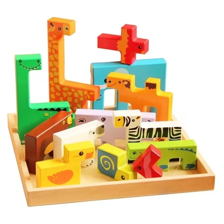 Puzzle educativ pentru copii 2 ani+, tip tetris 3D cu animale, din lemn, 19.6x19.6x1.5 cm, multicolor