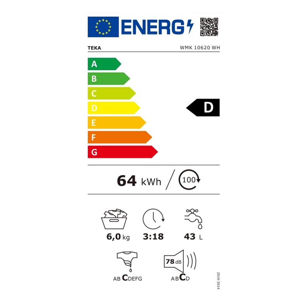 Masina de spalat rufe Teka WMK 10620 WH, 6 kg, 1200 rpm, 15 programe de spalare, 60 cm, Clasa D, alba