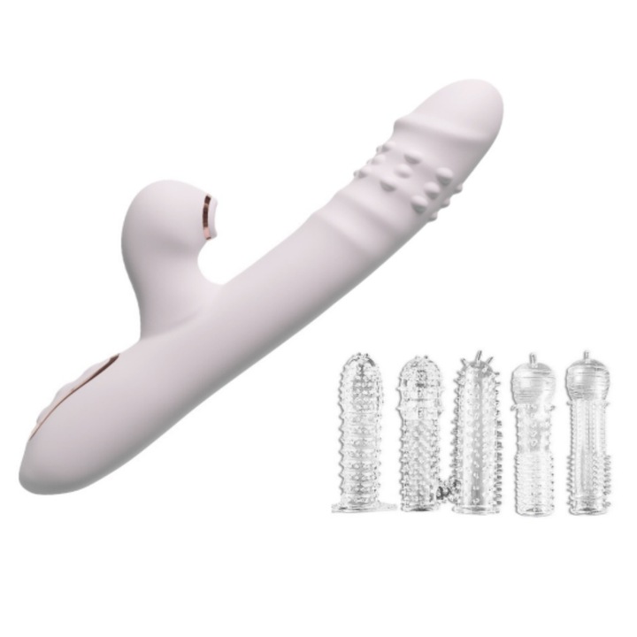 Vibrator cu 10 functii, stimulare clitoridiana, alb, 23.5cm, set 5 accesorii
