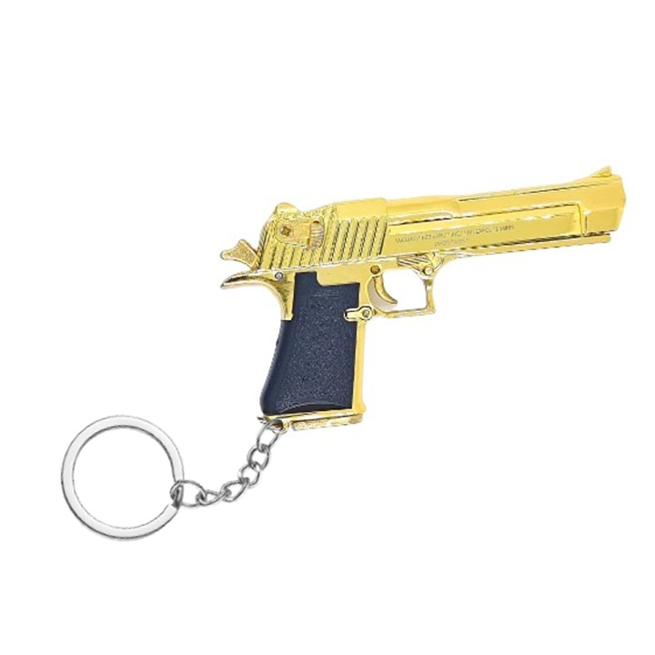 Breloc din metal cu model de pistol Desert Eagle, realizat manual, miniaturi de gloante, cadou festiv pentru barbati, scara 1:3, 7cm x 3.6cm, Galben auriu
