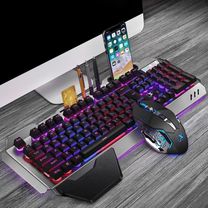 Комплект клавиатура и мишка за игри, 2,4 GHz безжична, RGB, USB, 4 DPI скорости на регулиране, устойчива на вода и износване, ергономична, ниска латентност, Plug and Play, черна
