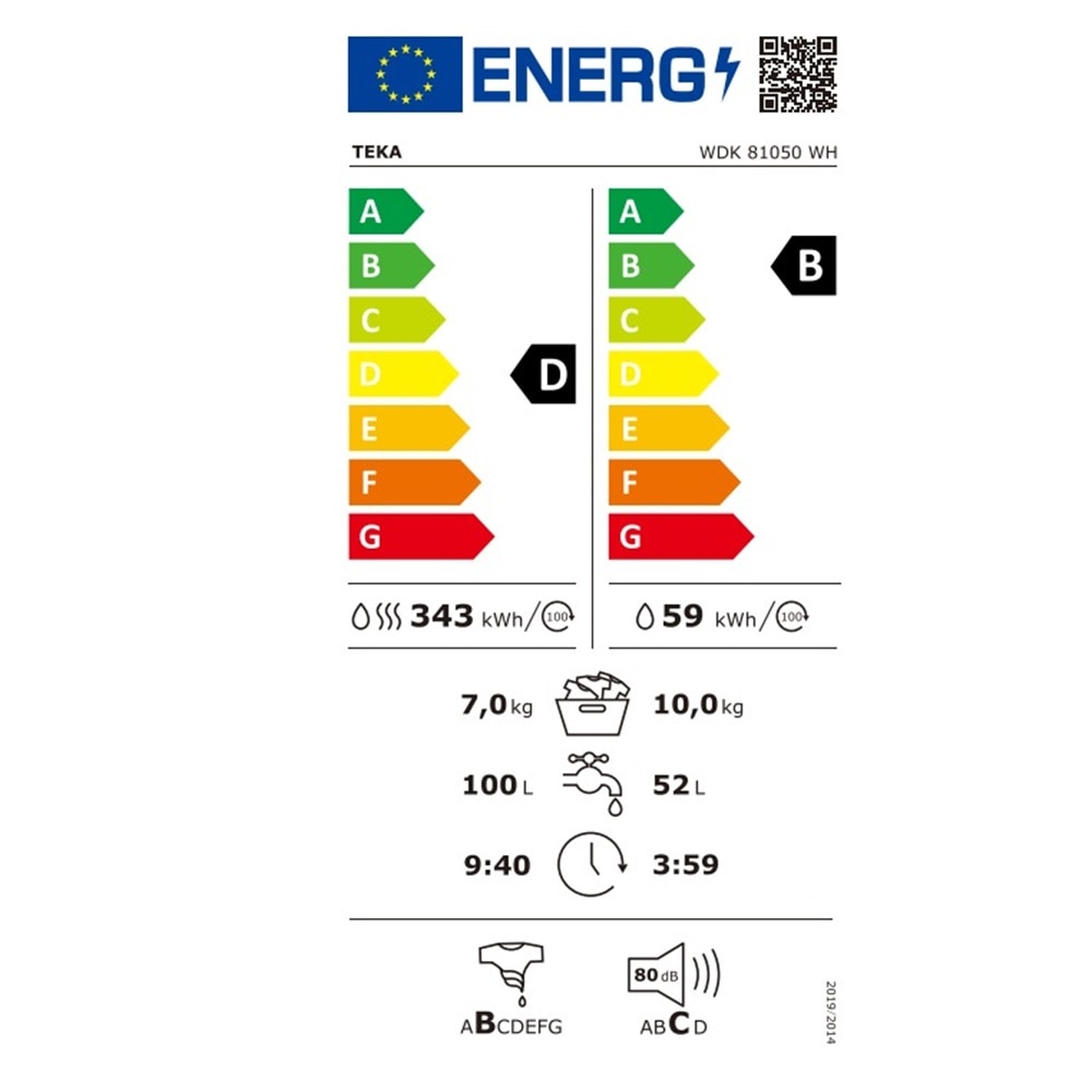 Masina de spalat rufe cu uscator Teka WDK 81050 WH, 10 kg, 7 kg capacitate de uscare, 1500 rpm, 14 programe de spalare, 60 cm, Clasa B, alba