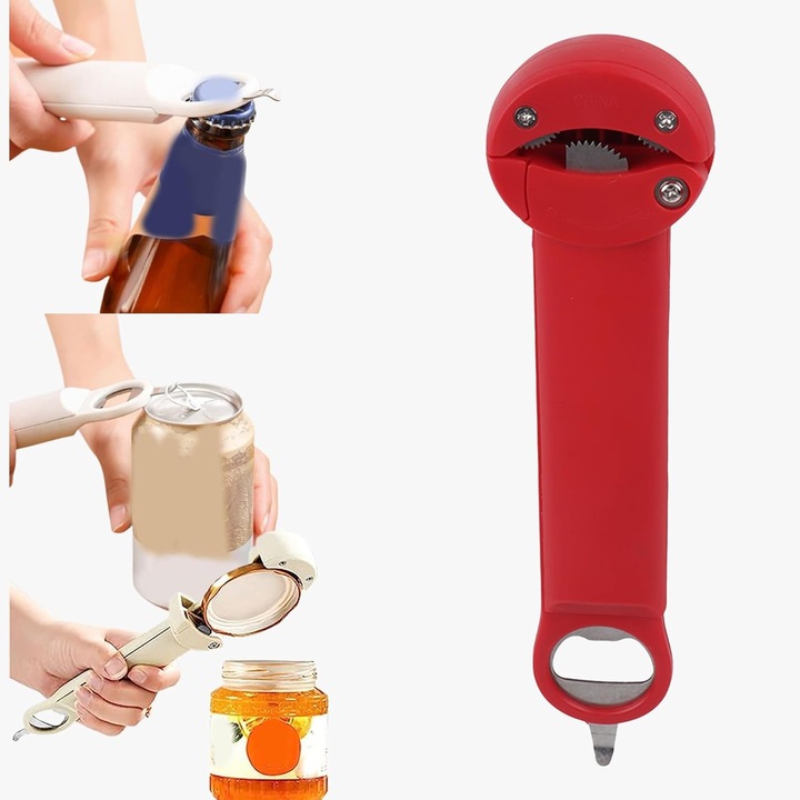 Отварачка за консерви 3 в 1, неръждаема стомана, прибиращ се дизайн, червена