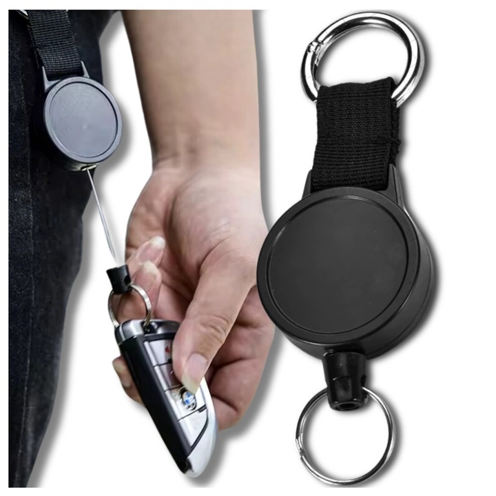 Breloc cu Cablu Retractabil (Yoyo/Tip Reel) Edibazzar, Lungime 80 cm, Carcasa Metal/Plastic, Culoare Negru - Suport/Set Chei si Card Acces, Sistem Antifurt, Port Chei, Prindere Curea
