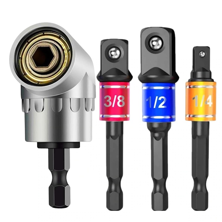 Set de 4 adaptoare pentru scule electrice Edibazzar, 1/4" (6.35 mm), 3/8" (9,52 mm), 1/2" (12,7 mm), atasament unghiular 105, otel crom-vanadiu, lungime 50-60 mm