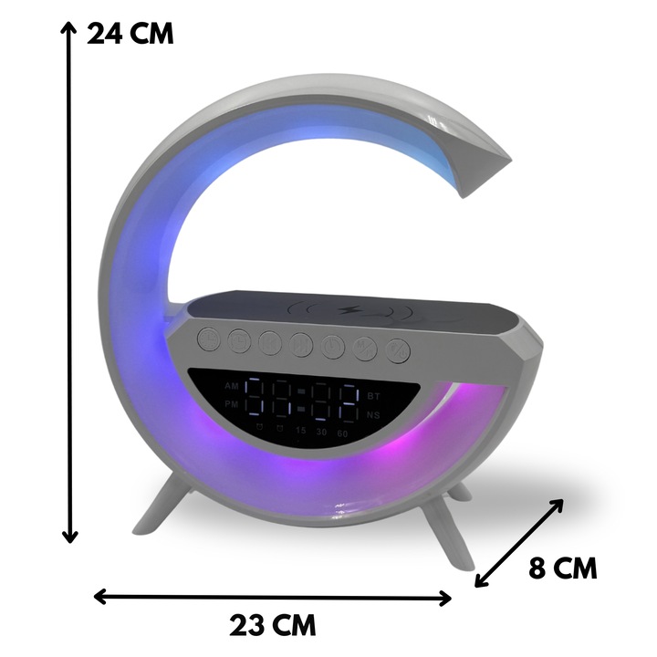 Lampa LED RGB pentru birou – Iluminare moderna cu incarcare wireless, Bluetooth, ceas si alarma