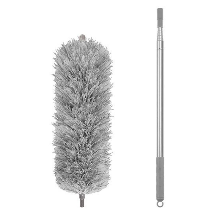 Pamatuf Telescopice din Otel Inoxidabil, Microfibra, poate fi extins pana la 280 cm, ideal pentru locuri greu accesibile, indeparteaza praful, panzele de paianjen si parul de animale，Melange gri deschis