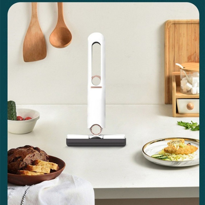 Mop mini portabil super absorbant, +1 burete rezerva, cap de maturare rotativ, utilizare atat pentru suprafete uscate, cat si umede, potrivit pentru pereti, baie, bucatarie, oglinda, PVC, blat bucatarie, mobila lucioasa, Alb