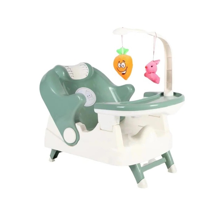 Многофункционално бебешко столче, Comando Kids, за маса и баня, сгъваемо, преносимо, с регулируема облегалка, въртяща се поставка за играчки, сгъваеми крака, колан с презрамка, възраст 0-3 години, зелен
