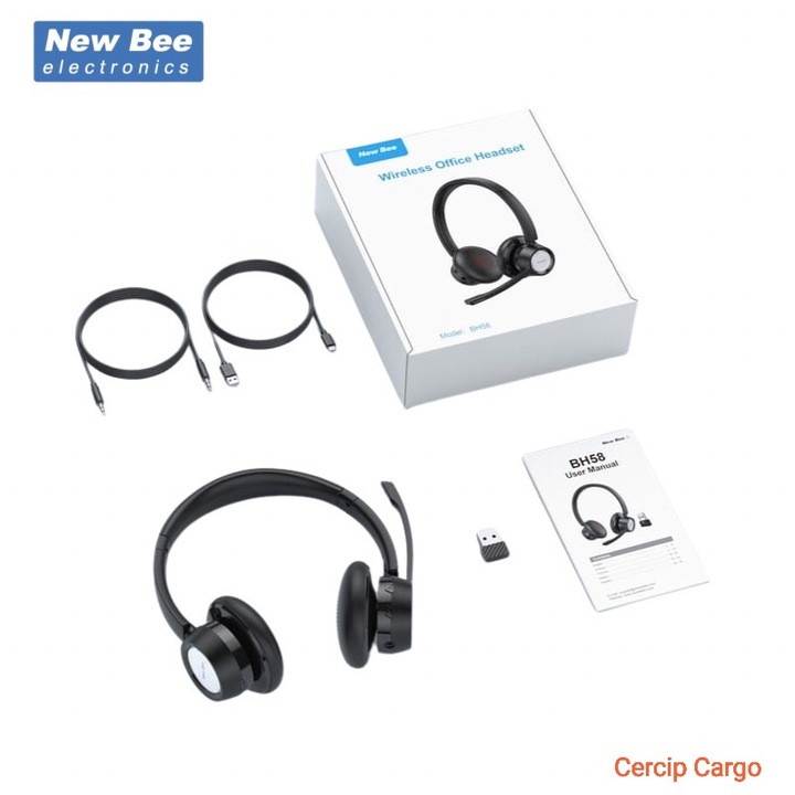Call Center fejhallgató, New Bee BH 58, Qualcomm 3034 Chip, Bluetooth 5.0, 25h akkumulátor-üzemidő 400 mAh, Háttérzajcsökkentés, Hi-Fi sztereó, Multipoint, 3 csatlakozási mód, Univerzális, 150 g, Bluetooth és USB dongle csatlakozás