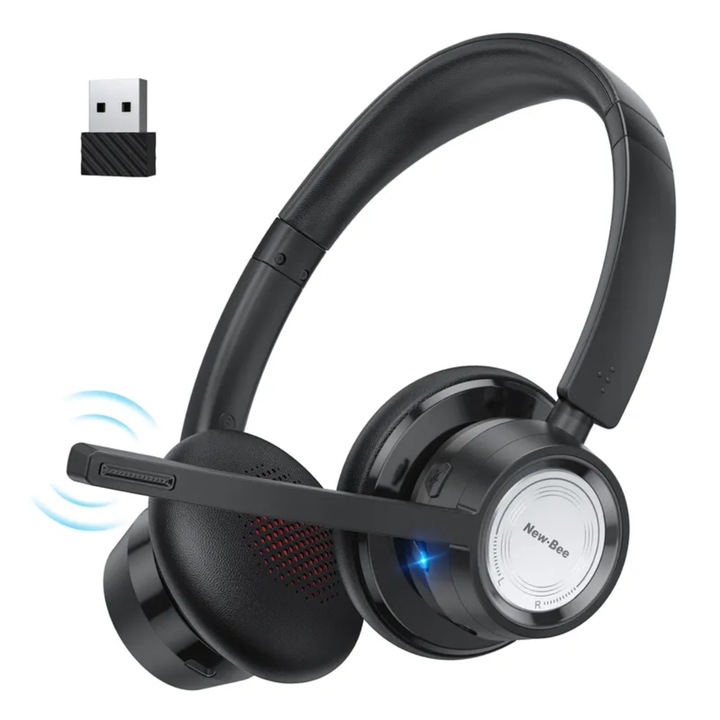 Casca Call Center, New Bee BH 58, Cip Qualcomm 3034, Bluetooth 5.0, Autonomie baterie 25 ore 400 mAh, Call Center, Reducere zgomot fundal, Sunet Stereo Hi-Fi, Multipoint, 3 moduri de conectare, Universala, 150 grame, Conectare Bluetooth si USB Dongle