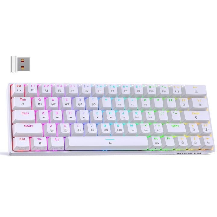 Tastatura mecanica gaming wireless Dierya DK63, 60% compacta, RGB 18 efecte, 2.4GHz/Bluetooth/USB-C, 3000mAh, Red Switch/alba