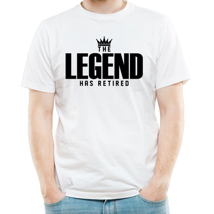 Tricou personalizat, The Legend has Retired, cu mesaj de pensionare barbati, culoarea alb, marimea XL
