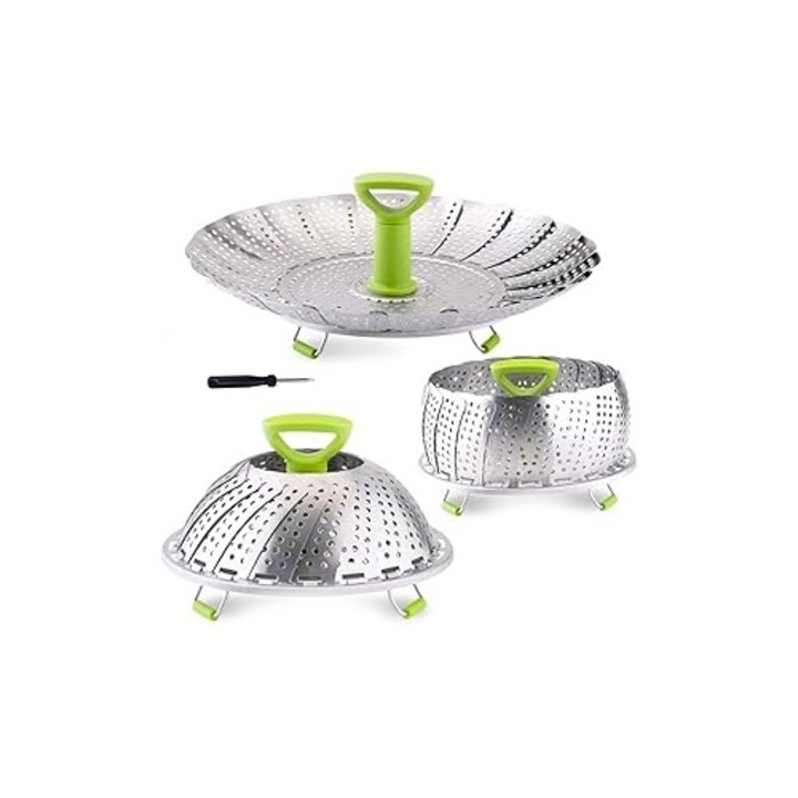 Cos pentru abur de legume, Hokretme, insertie pliabila din otel inoxidabil, extensibil, pentru oale de diferite dimensiuni