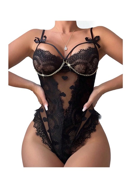 Body dama, din dantela, lant fara maneci, Negru