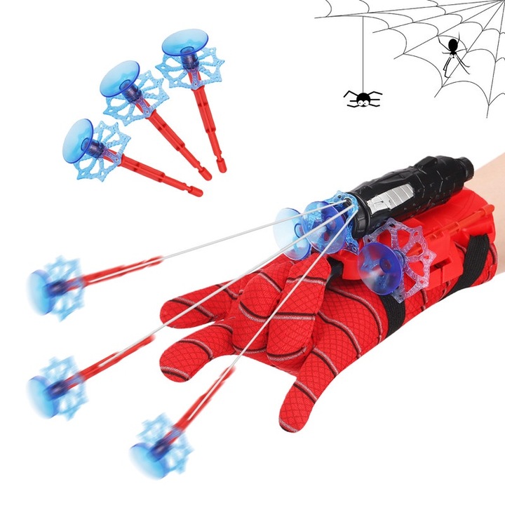 Set manusa Spider-Man cu 9 ventuze, rosu, dimensiune universala, pentru copii peste 5 ani
