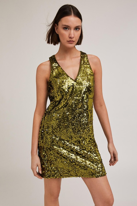 Motivi, Rochie cu decolteu in V si paiete, Verde masliniu, 34