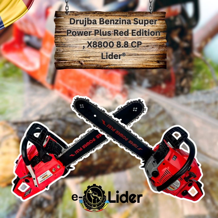 Drujba pe Benzina Lider® Super Power Plus Red Edition, X8800, 8.8 CP, 6.5 KW, Lama 38 cm, Lant 32 Dinti, Motor 2 Timpi, Sistem Anti-Vibratii