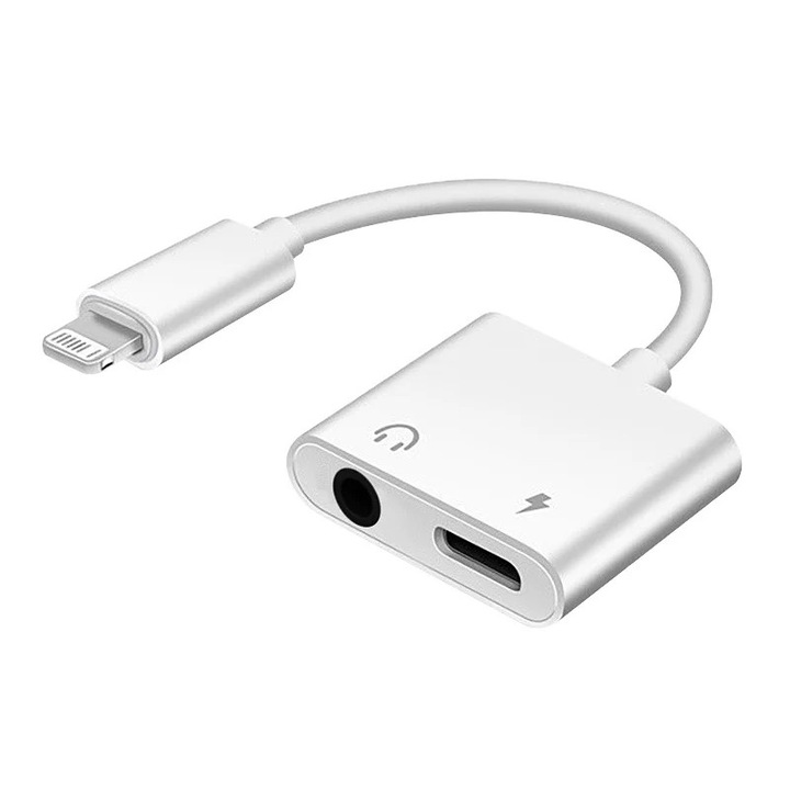 Adaptor OZ Dual 2 in 1 audio si incarcare cu mufa de incarcare Light si Aux 3.5mm Jack pentru conectare la mufa Light, compatibilitate universala, 1x Jack 3.5mm, 1x Light 11 cm, Alb