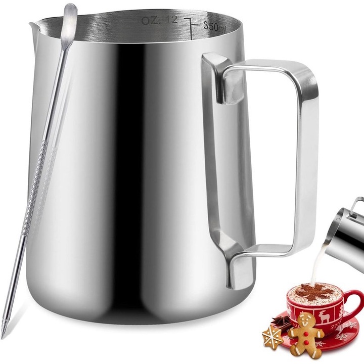 Cana de spumare lapte 12oz din otel inoxidabil cu marcaj de capacitate, cu stilou pentru arta latte, argintie