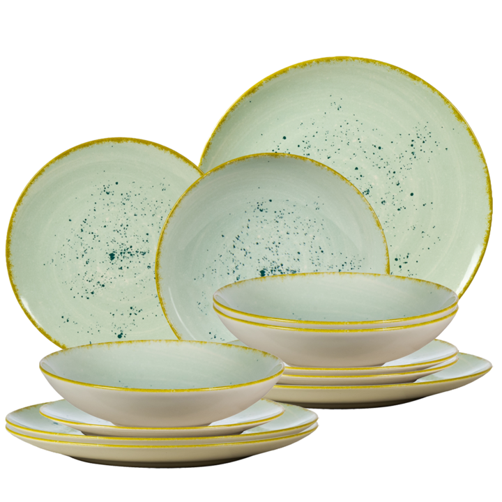 Комплект чинии, 12 части, 4 души, немско качество, шамфъстък, слонова кост с тюркоаз