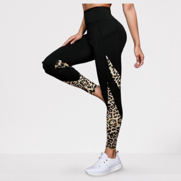 Colanti sport dama, imprimeu leopard, talie inalta, negru, elastan