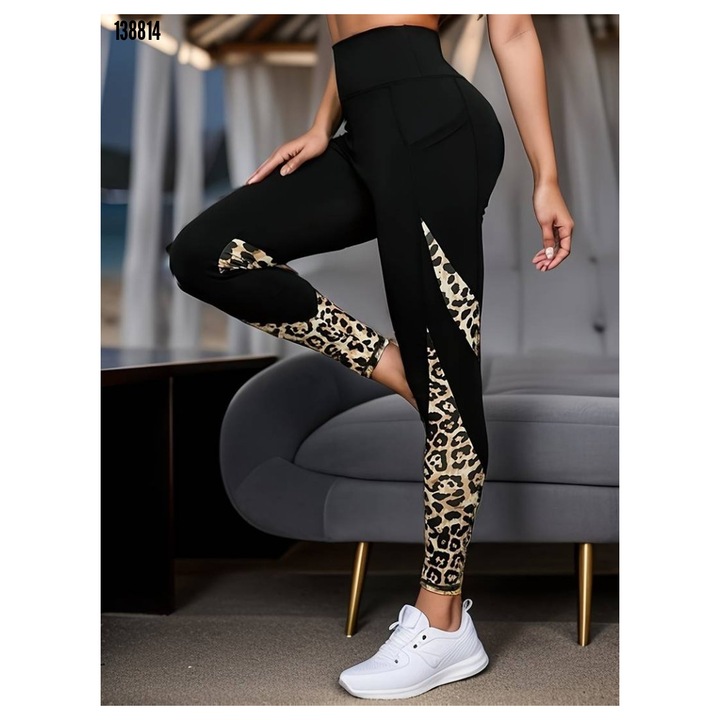 Colanti sport dama, imprimeu leopard, talie inalta, negru, elastan