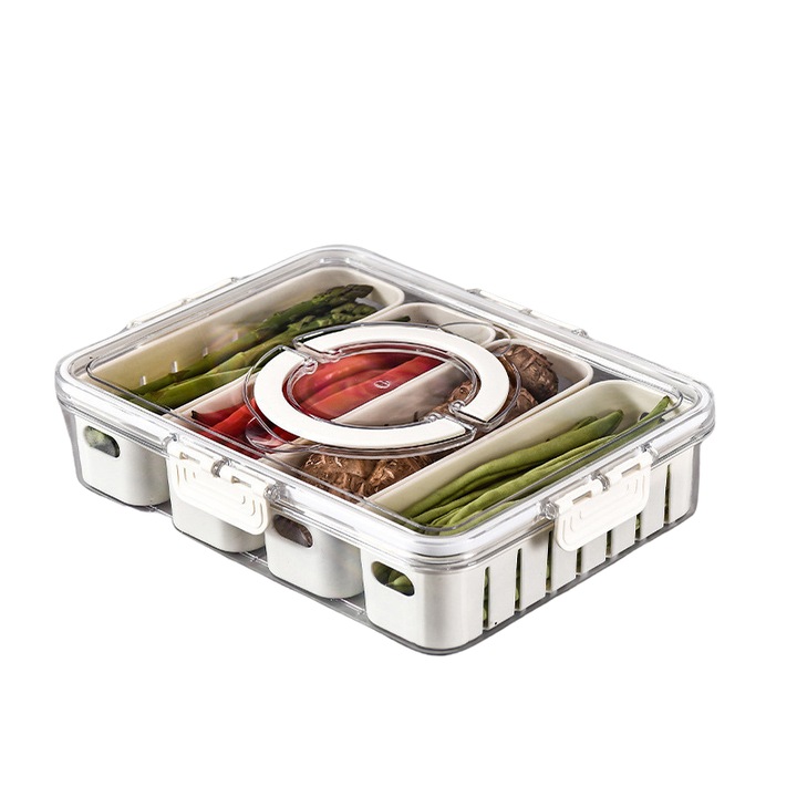 Cutie depozitare condimente cu 8 compartimente, organizator bucatarie modern, pastrare sare piper ierburi aromatice, capace ermetice si lingurite dozare, acces usor la ingrediente, design compact